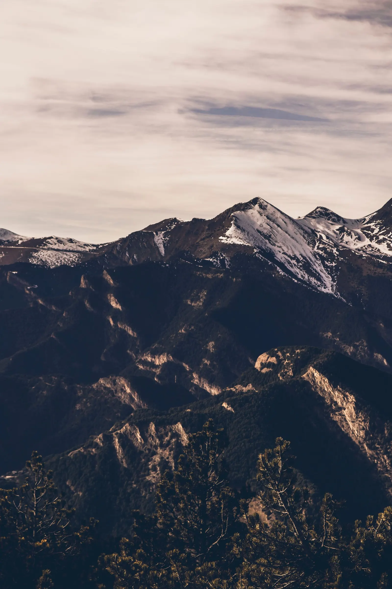 Snow-capped peaks under a soft evening sky