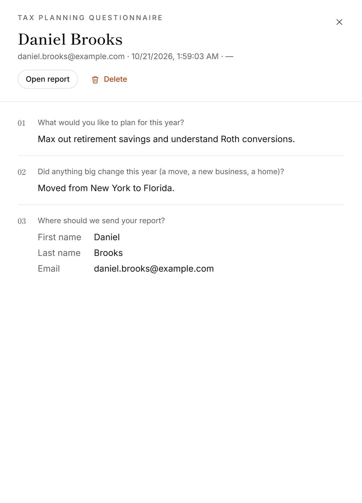 A response open, with the person's answers and the Open report and Delete buttons