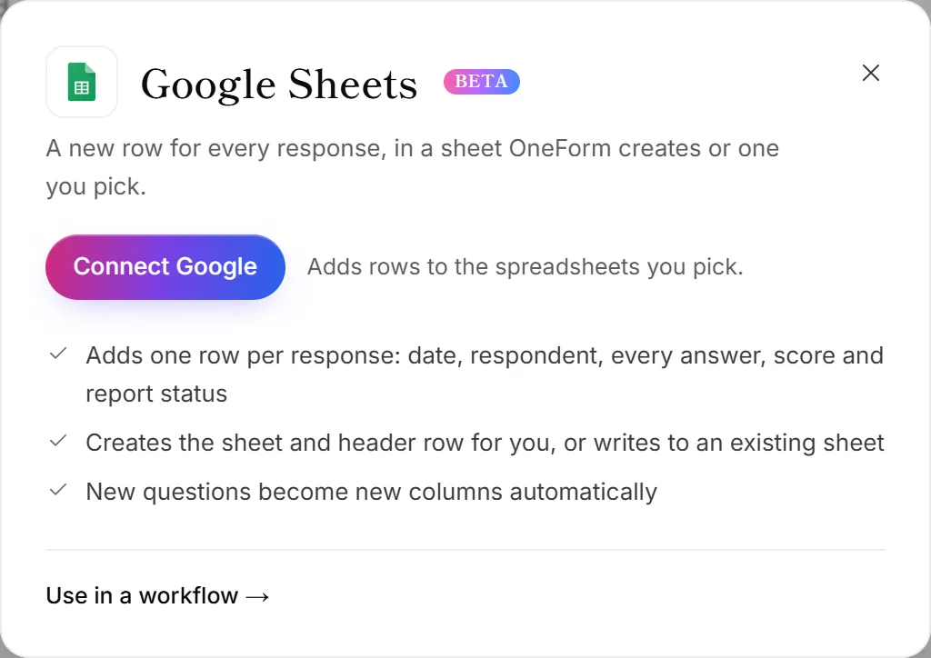 The Google Sheets panel on the Integrations page, with the Connect Google button