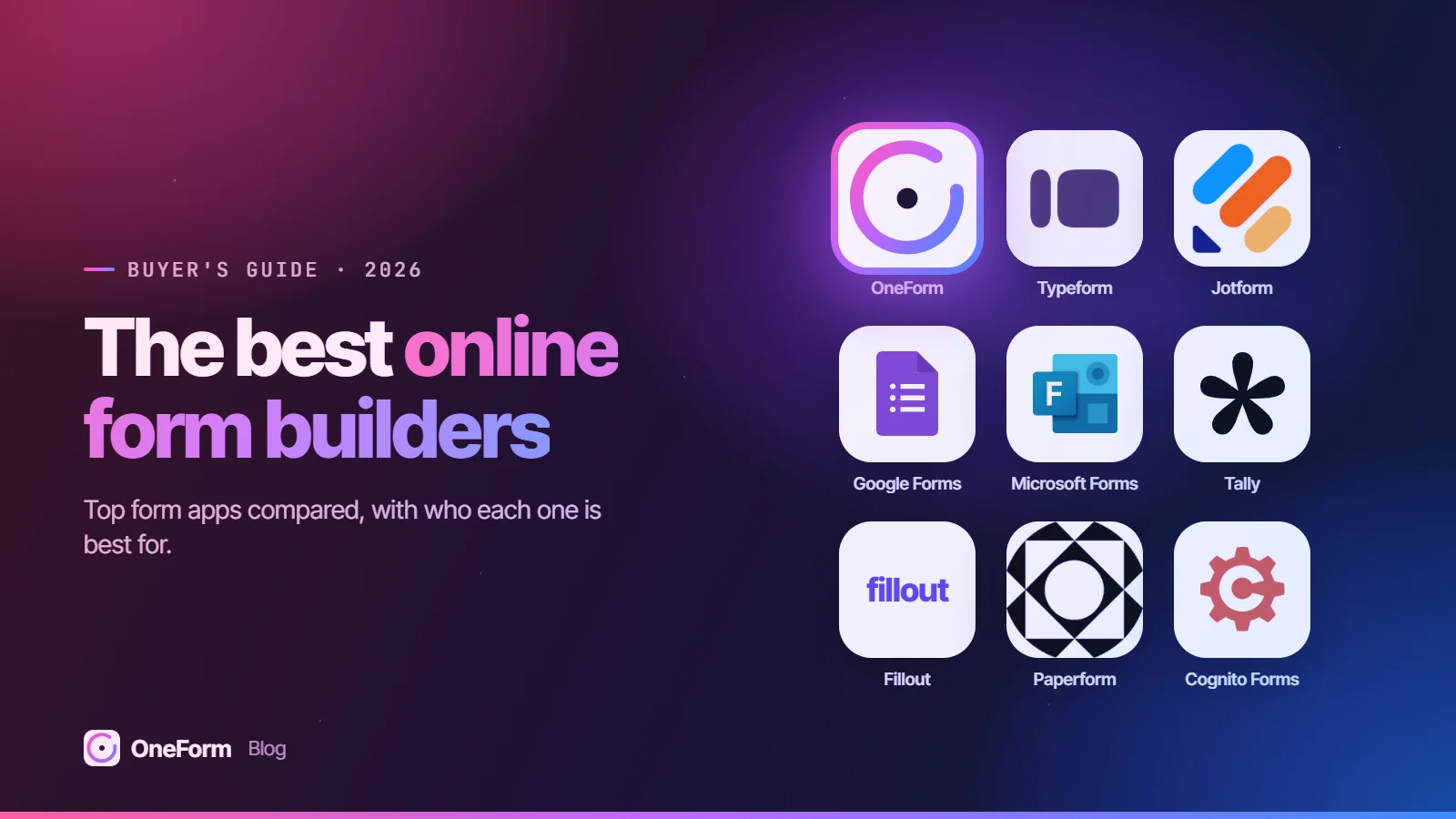 The best online form builders: logos of OneForm, Typeform, Jotform, Google Forms, Microsoft Forms, Tally, Fillout, Paperform, Cognito Forms on the OneForm gradient