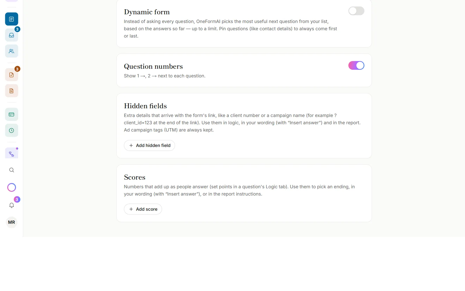 The Hidden fields card on the form's Settings tab, with the Add hidden field button