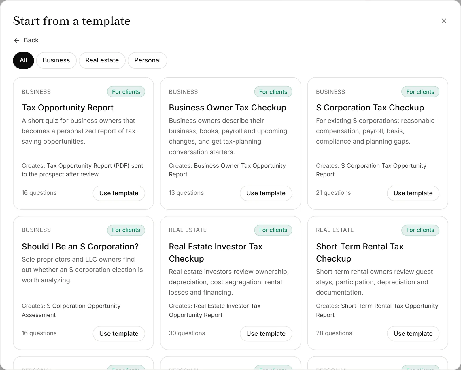 The template gallery with tax checkups for business owners, real estate investors and individuals