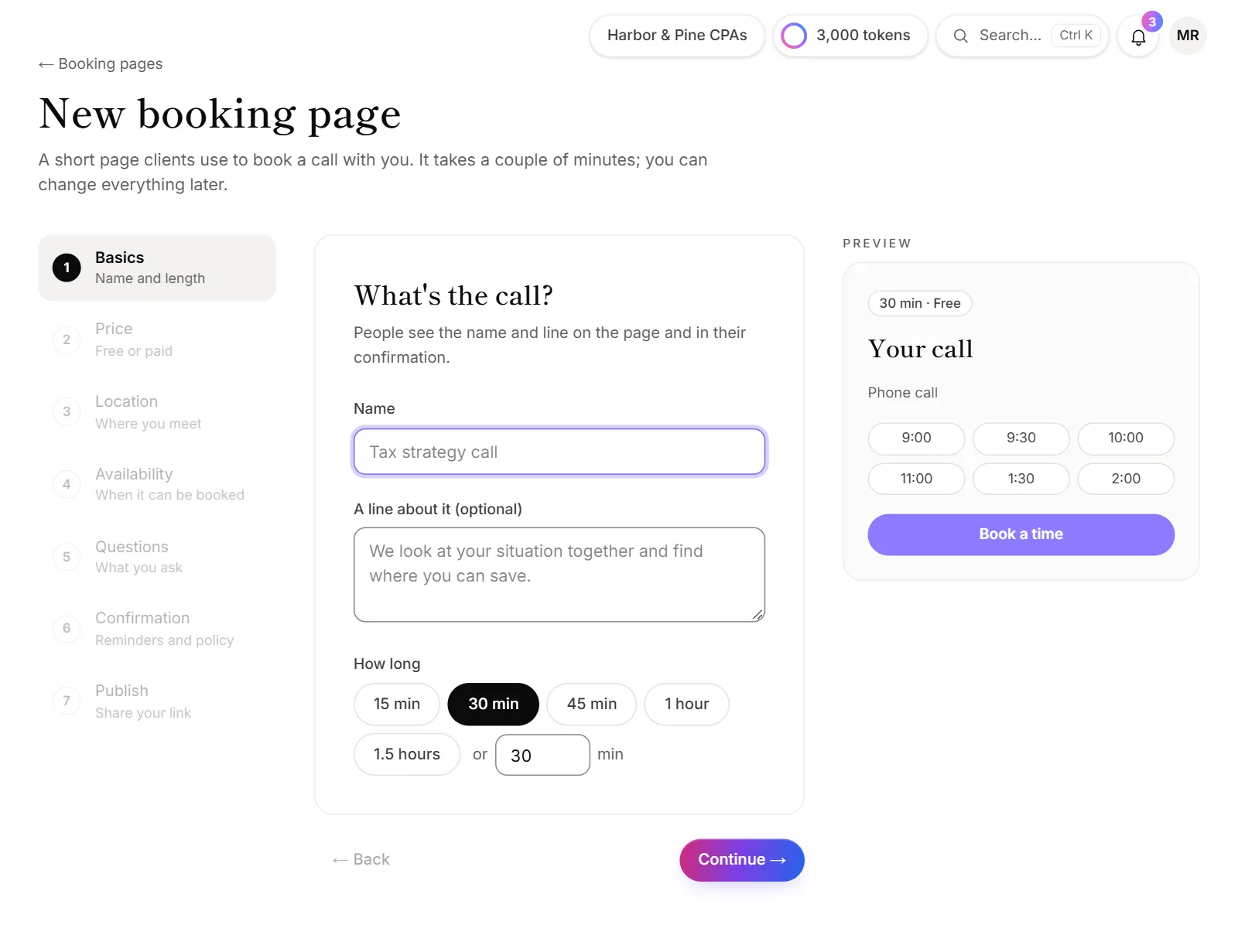 The first step of a new booking page