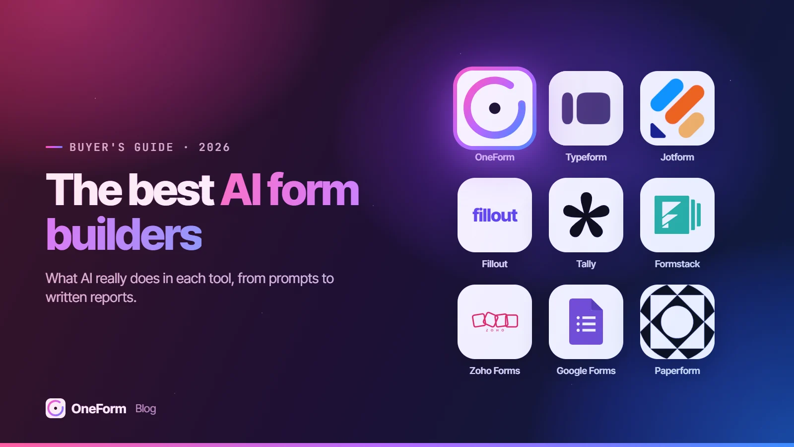 The best AI form builders: logos of OneForm, Typeform, Jotform, Fillout, Tally, Formstack, Zoho Forms, Google Forms, Paperform on the OneForm gradient