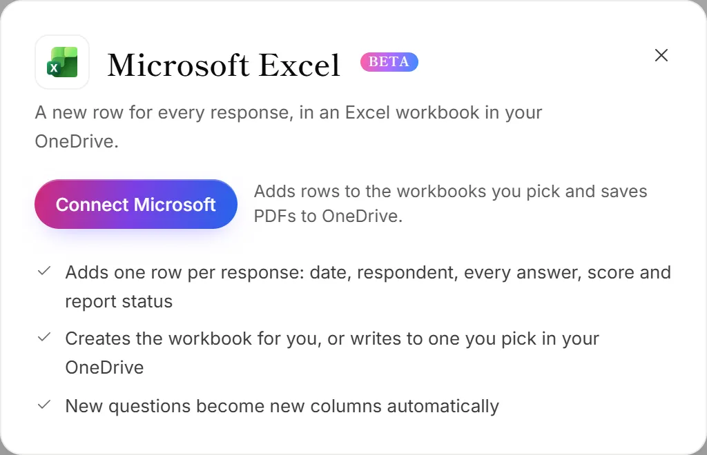 The Microsoft Excel panel on the Integrations page, with the Connect Microsoft button