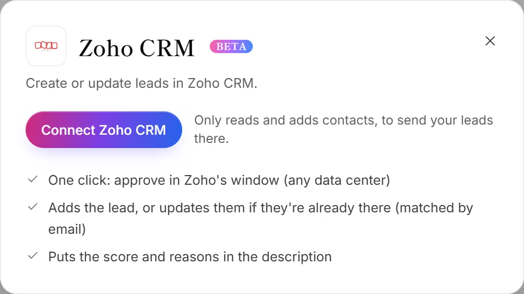 The Zoho CRM panel on the Integrations page
