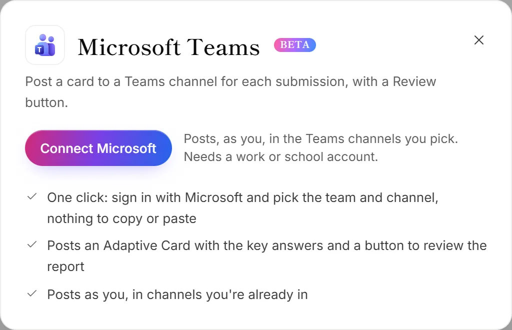 The Microsoft Teams panel on the Integrations page