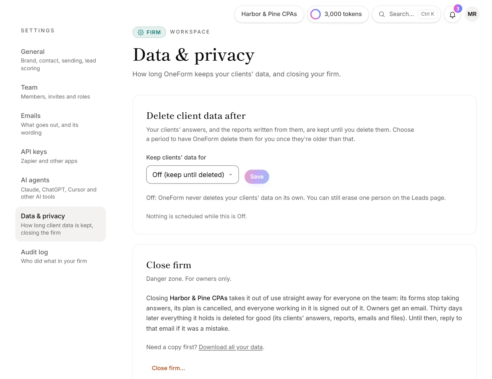 The Data & privacy page, with the Delete client data after setting
