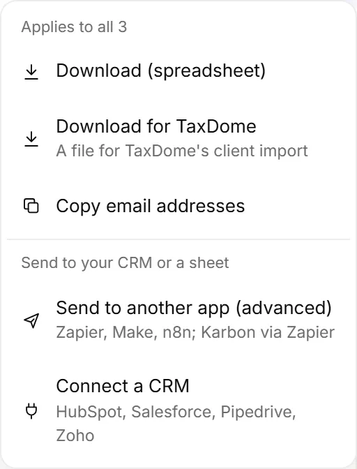The Export menu on the Leads page, with Download for TaxDome