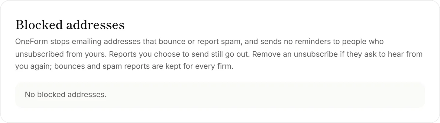 The Blocked addresses section on the Emails page