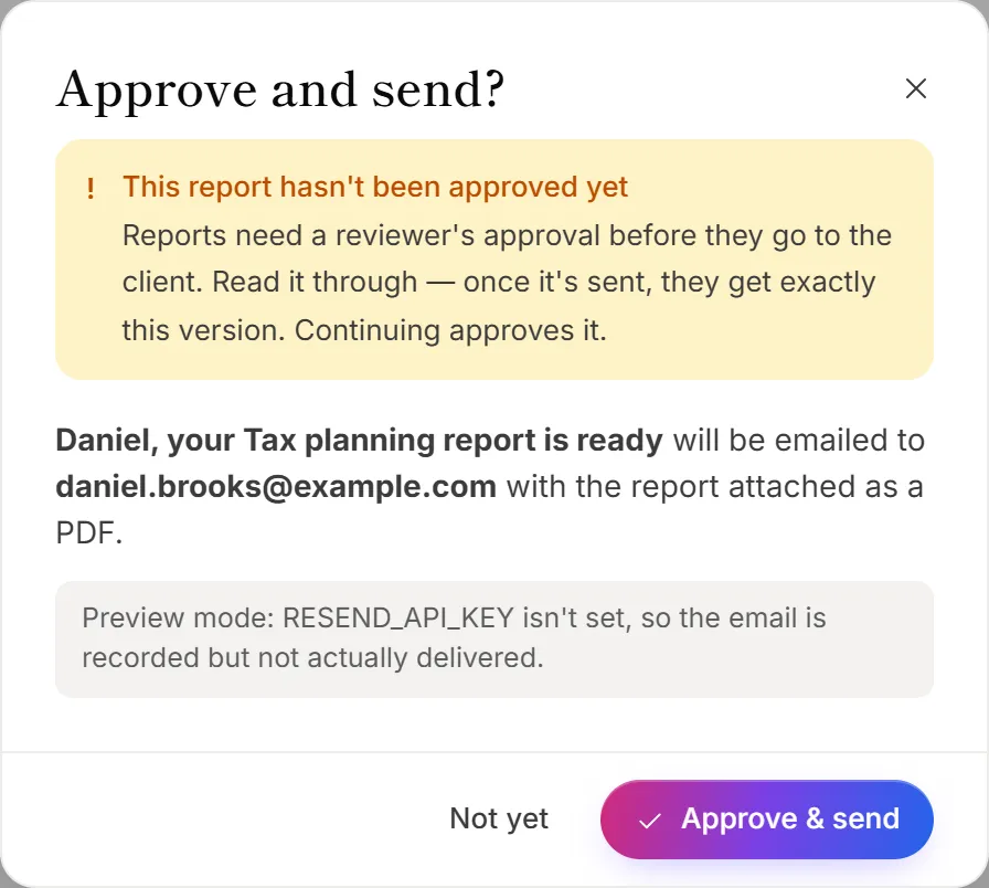 The dialog that confirms sending a report