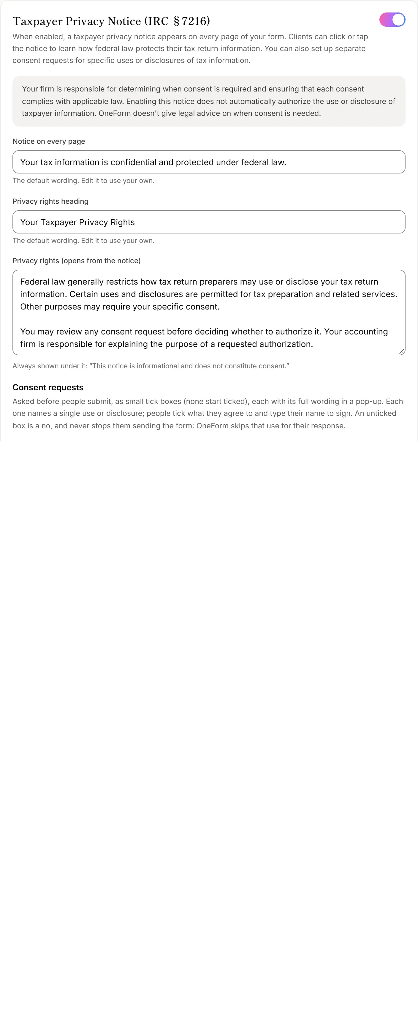 The Taxpayer Privacy Notice settings on a form