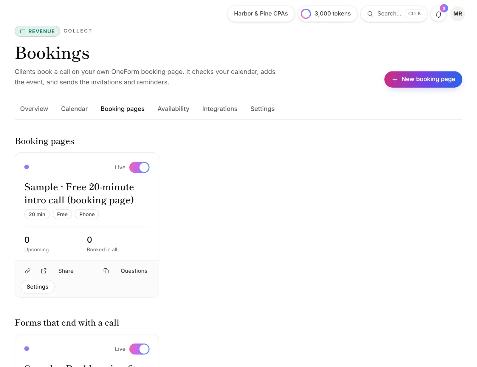 Booking pages, each with its length, price and bookings