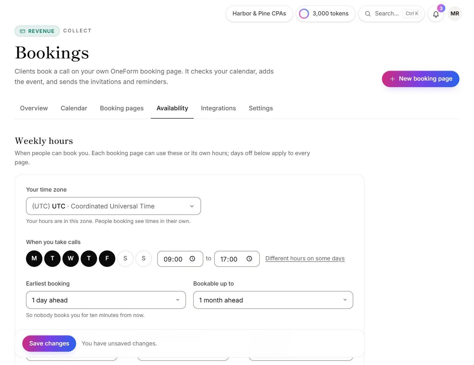 The Availability page with weekly hours and booking rules