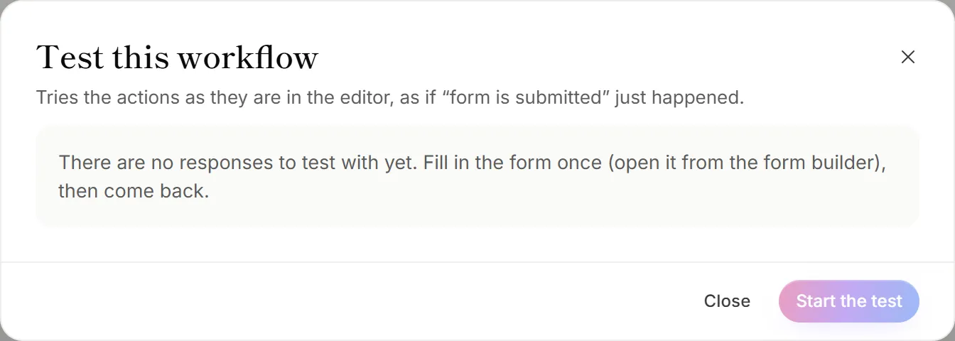 The Test this workflow panel, with a response to test with