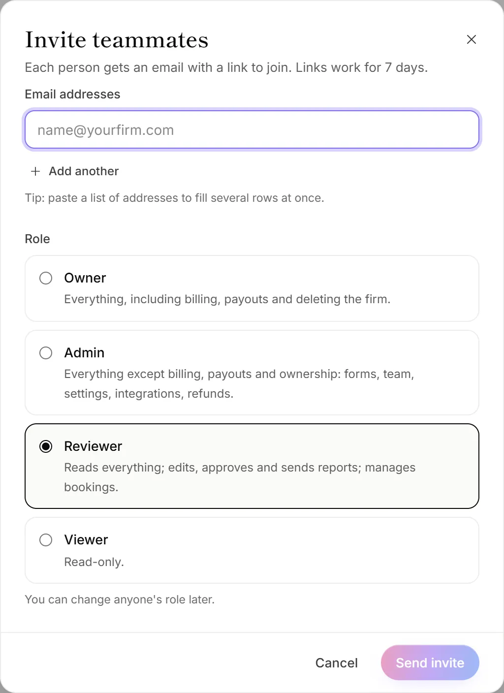 The Invite teammates panel, with email addresses and a role