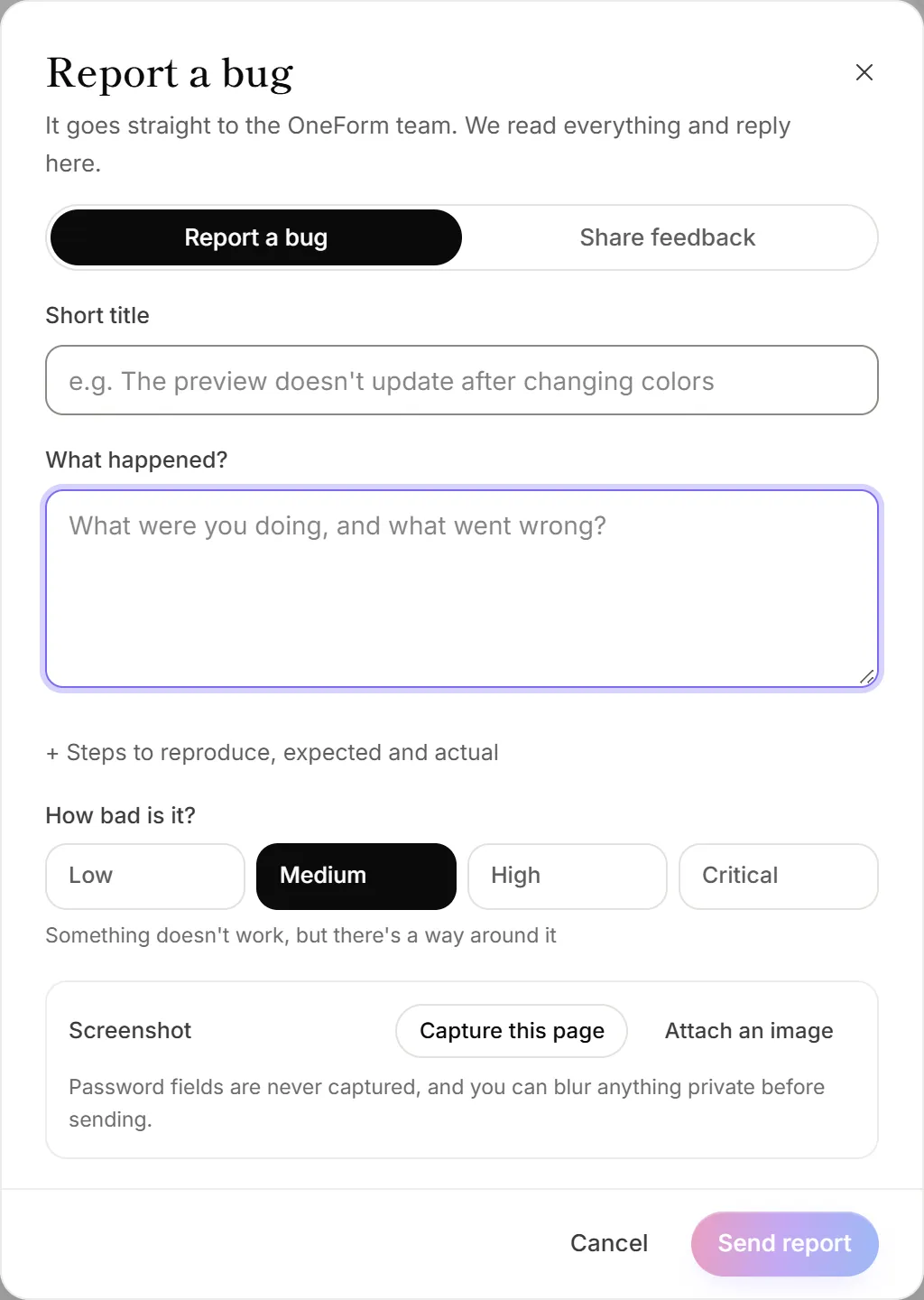 The Report a bug sheet, with a title, a description, how bad it is and a screenshot