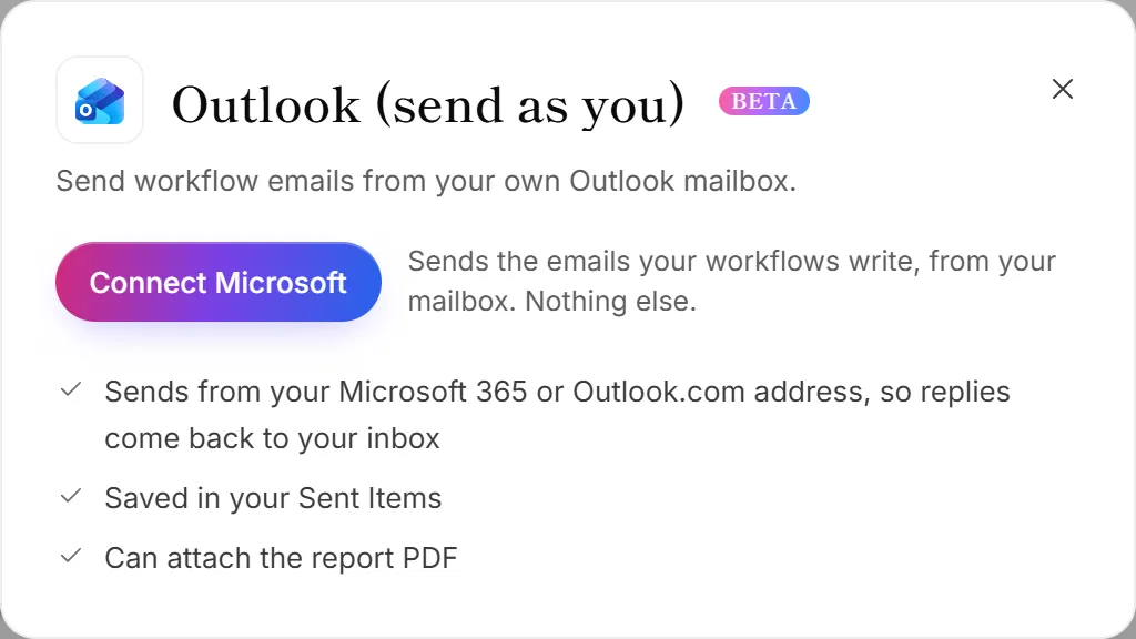 The Outlook panel on the Integrations page