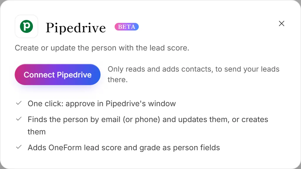 The Pipedrive panel on the Integrations page