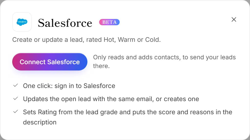 The Salesforce panel on the Integrations page