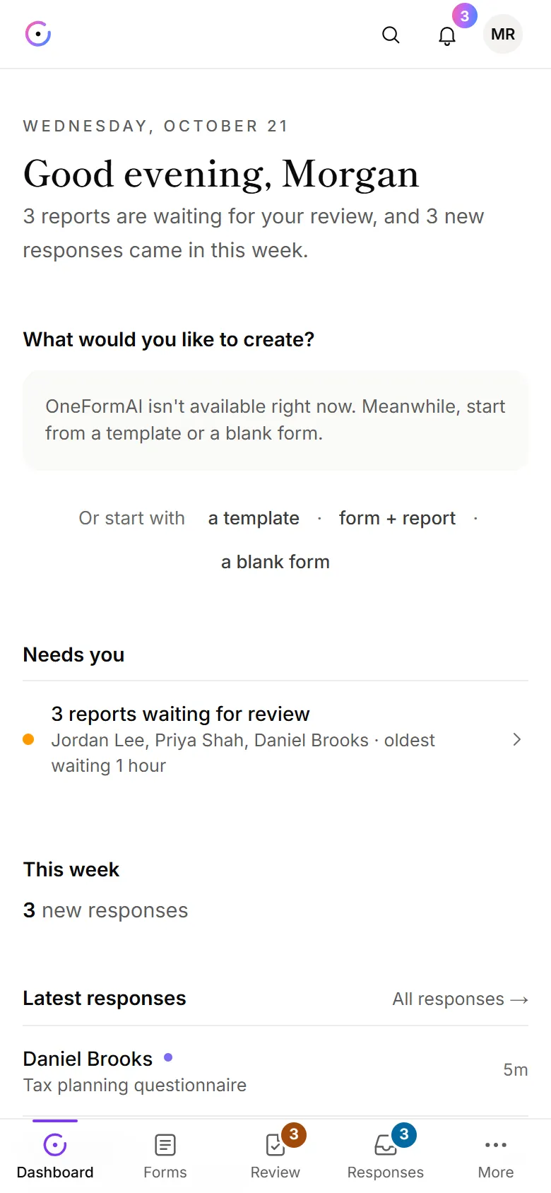 OneForm's dashboard on a phone, with the bar at the top and the tabs at the bottom