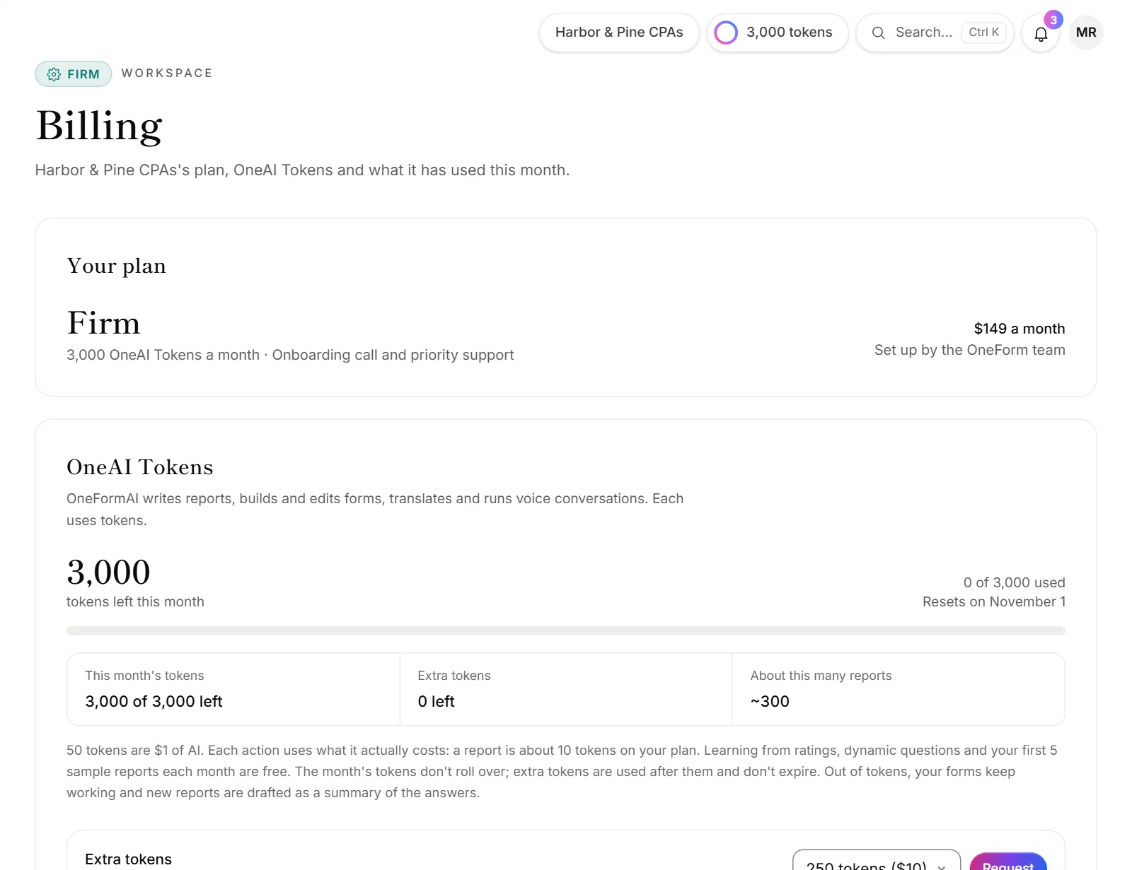 The Billing page, with your plan, OneAI Tokens and this month's use