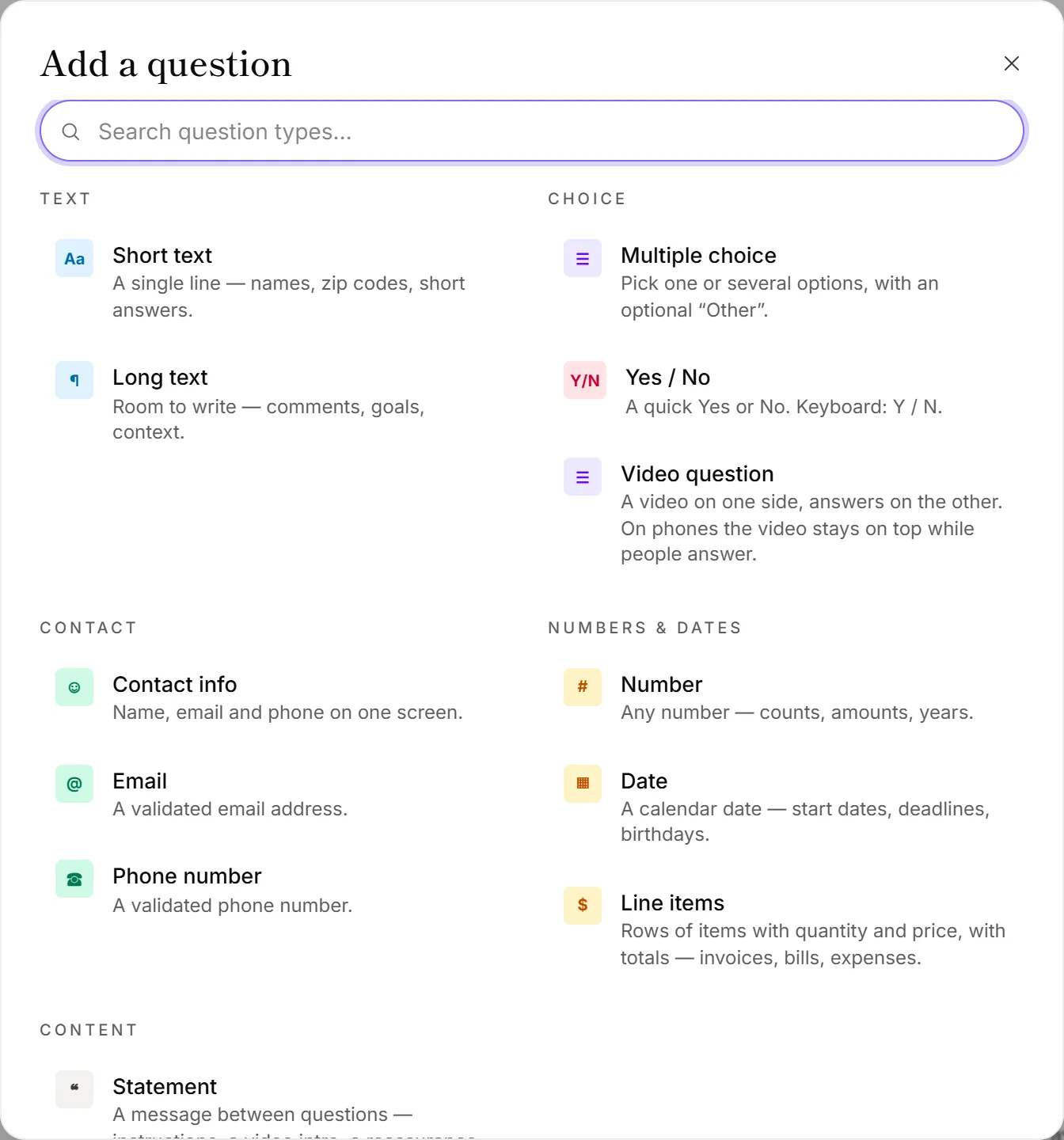 The Add a question picker, with question types grouped by Text, Choice, Contact, Numbers & dates and Content