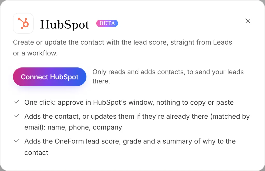 The HubSpot panel on the Integrations page