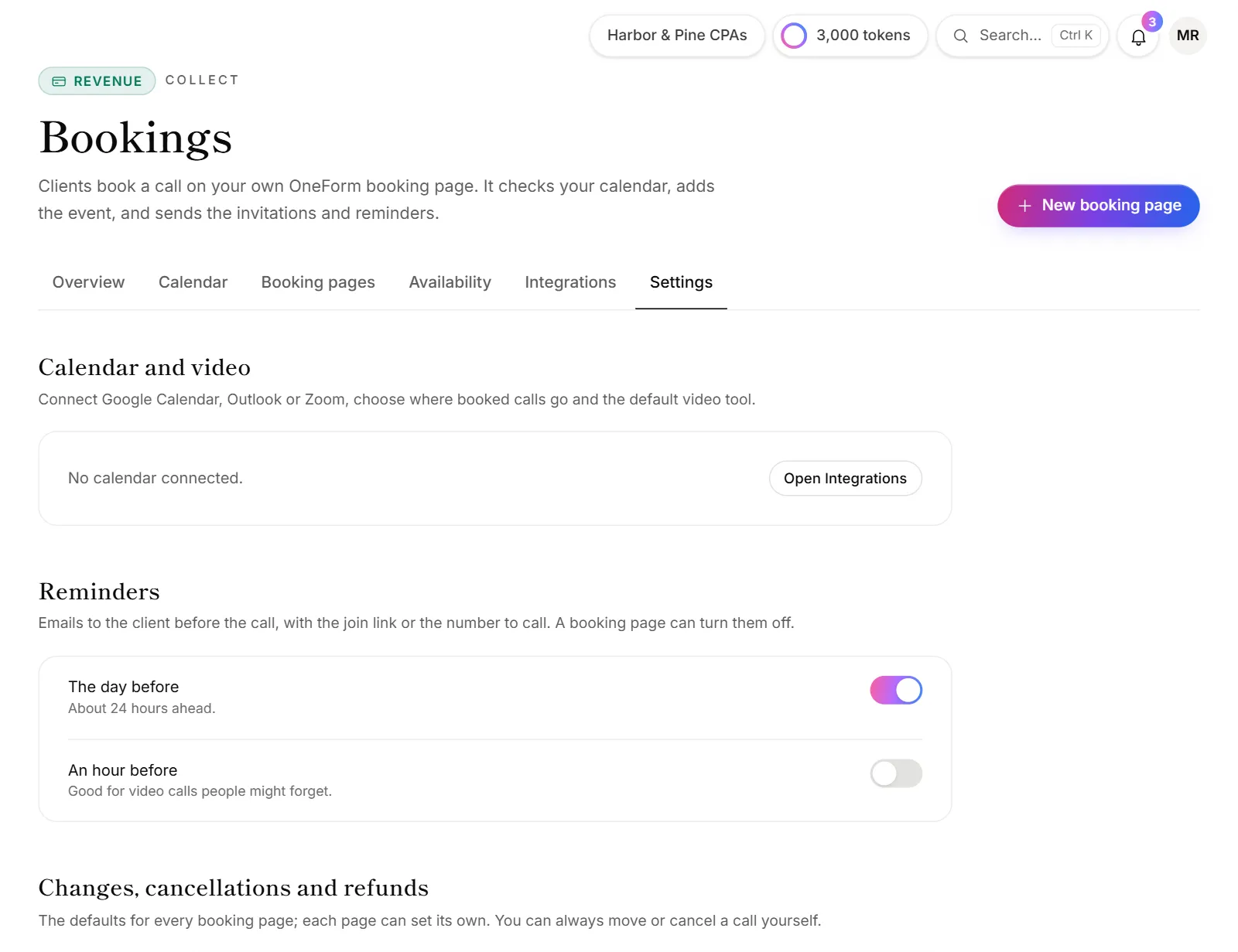 Bookings → Settings with reminders and the cancellation policy