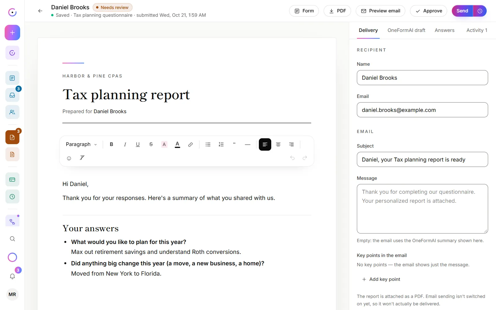 A draft open for review, with the report on the left and its details on the right
