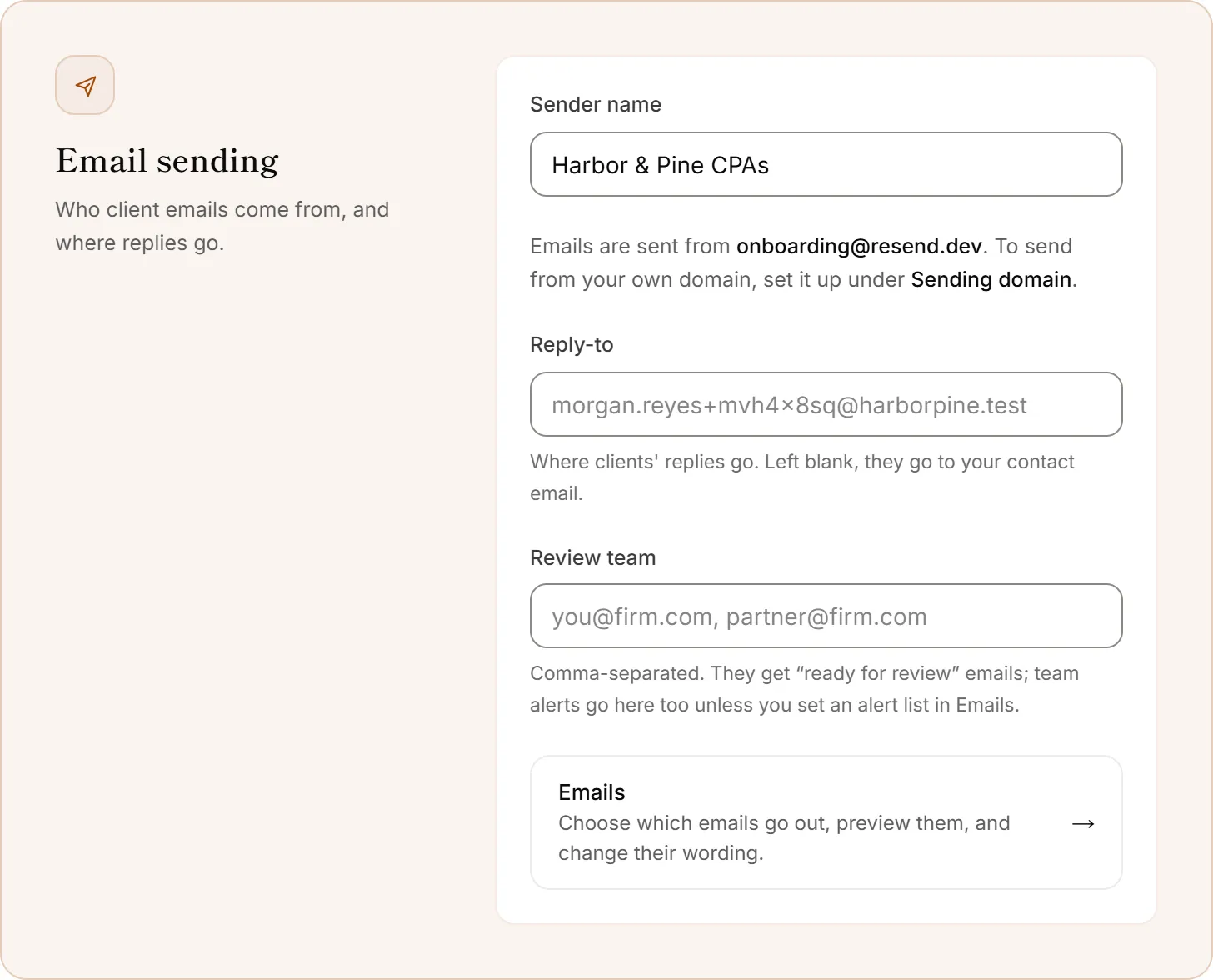 The Email sending settings