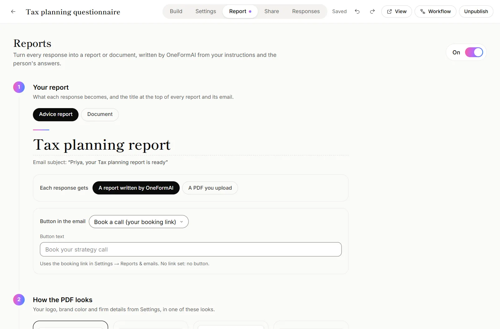 A form's Report tab