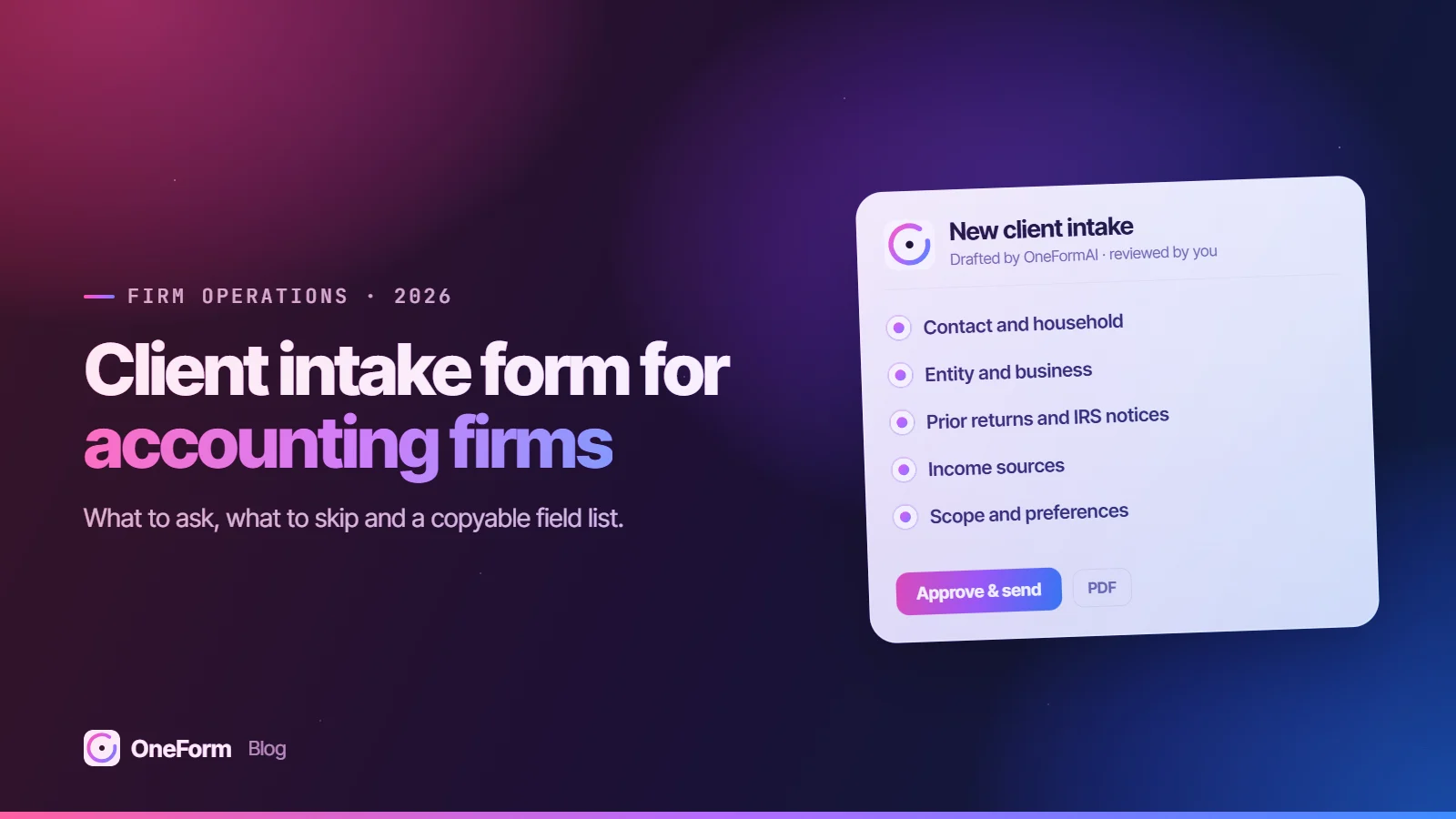Client intake form for accounting firms: a OneForm New client intake report card on the OneForm gradient