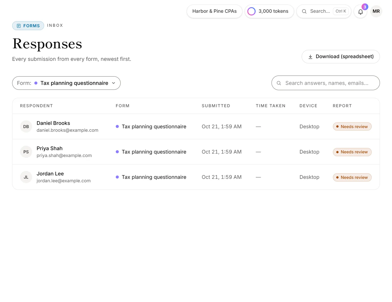 The Responses page filtered to one form, with the Download (spreadsheet) button at the top