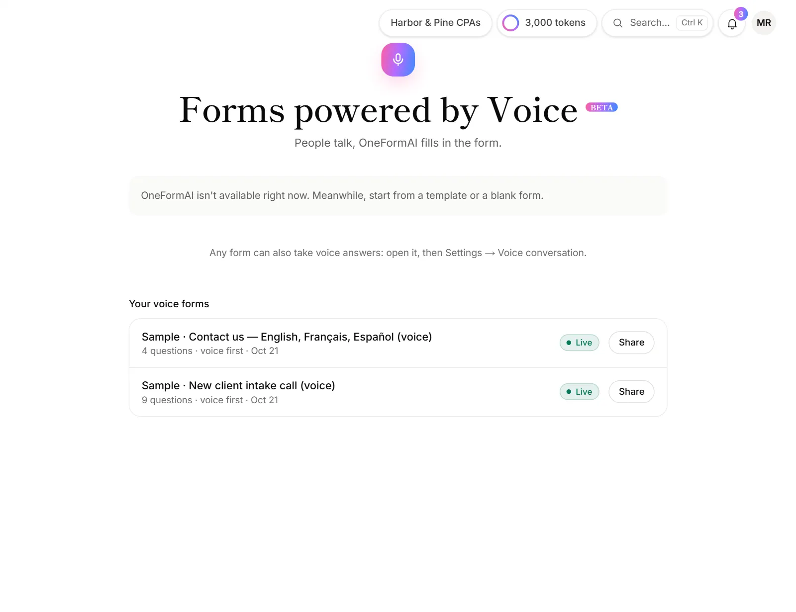 The Forms powered by Voice page, with a box to describe the conversation