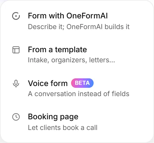 The Create menu with its four choices