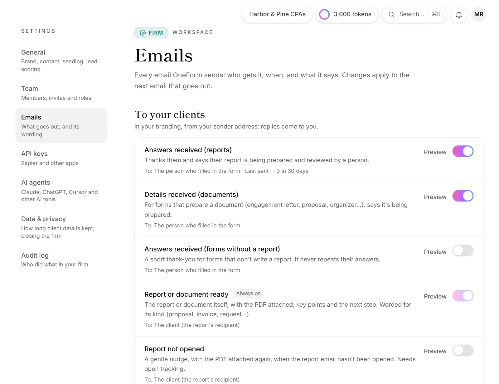 The Emails page, grouped by who gets each email