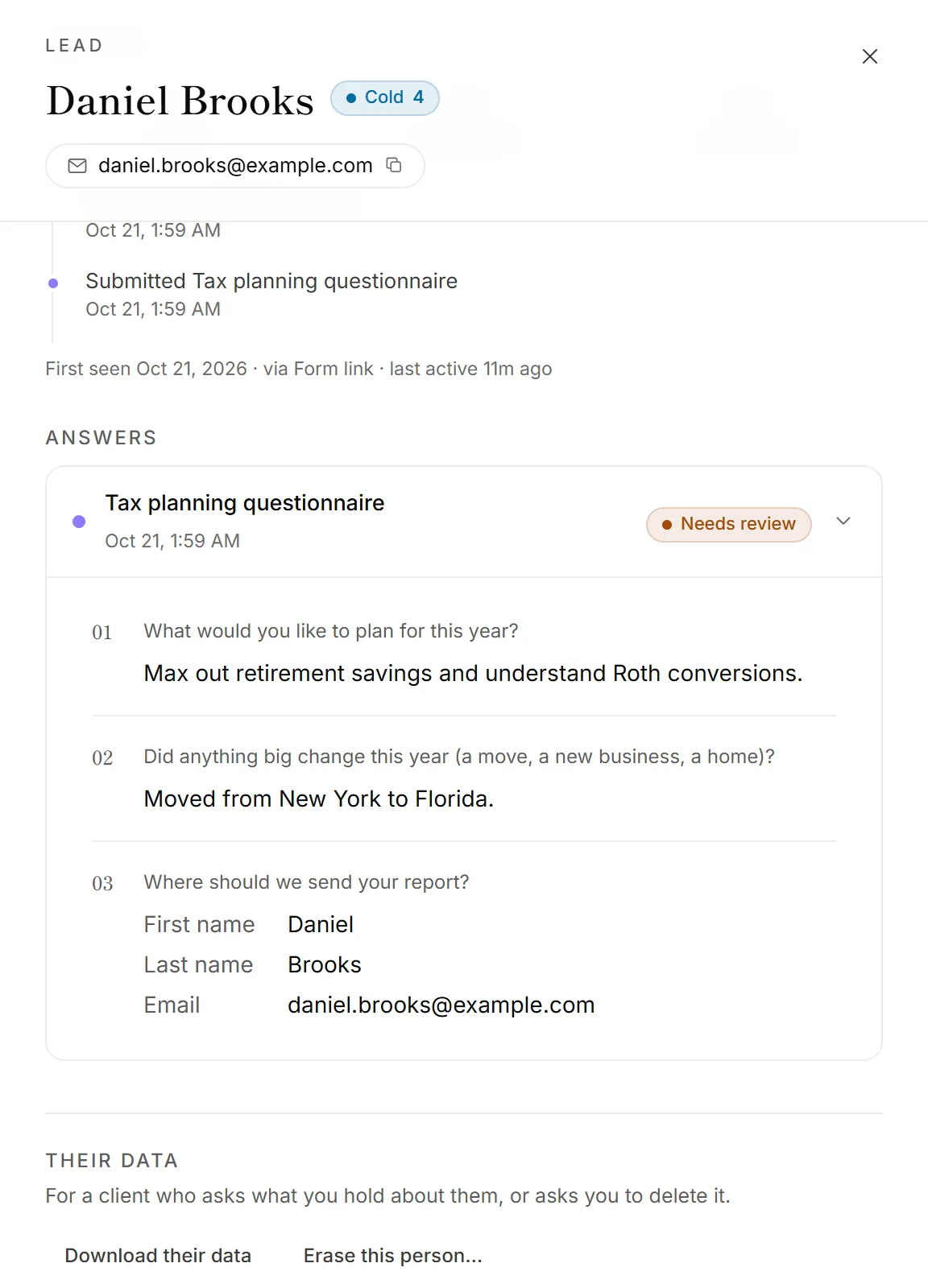 A lead open on the Leads page, with Download their data and Erase this person under Their data
