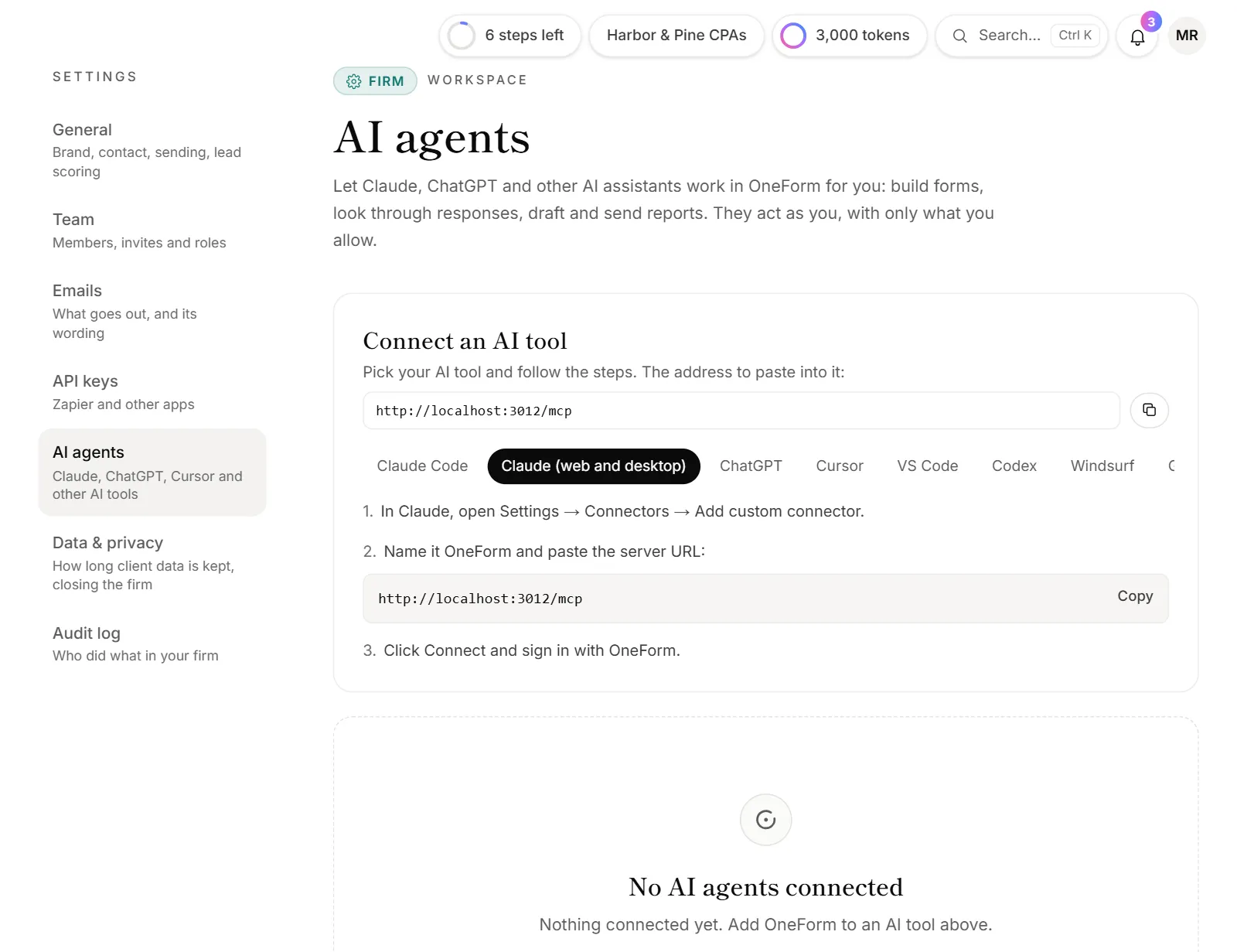 The AI agents page in Settings, with the address to paste and a guide for each AI tool