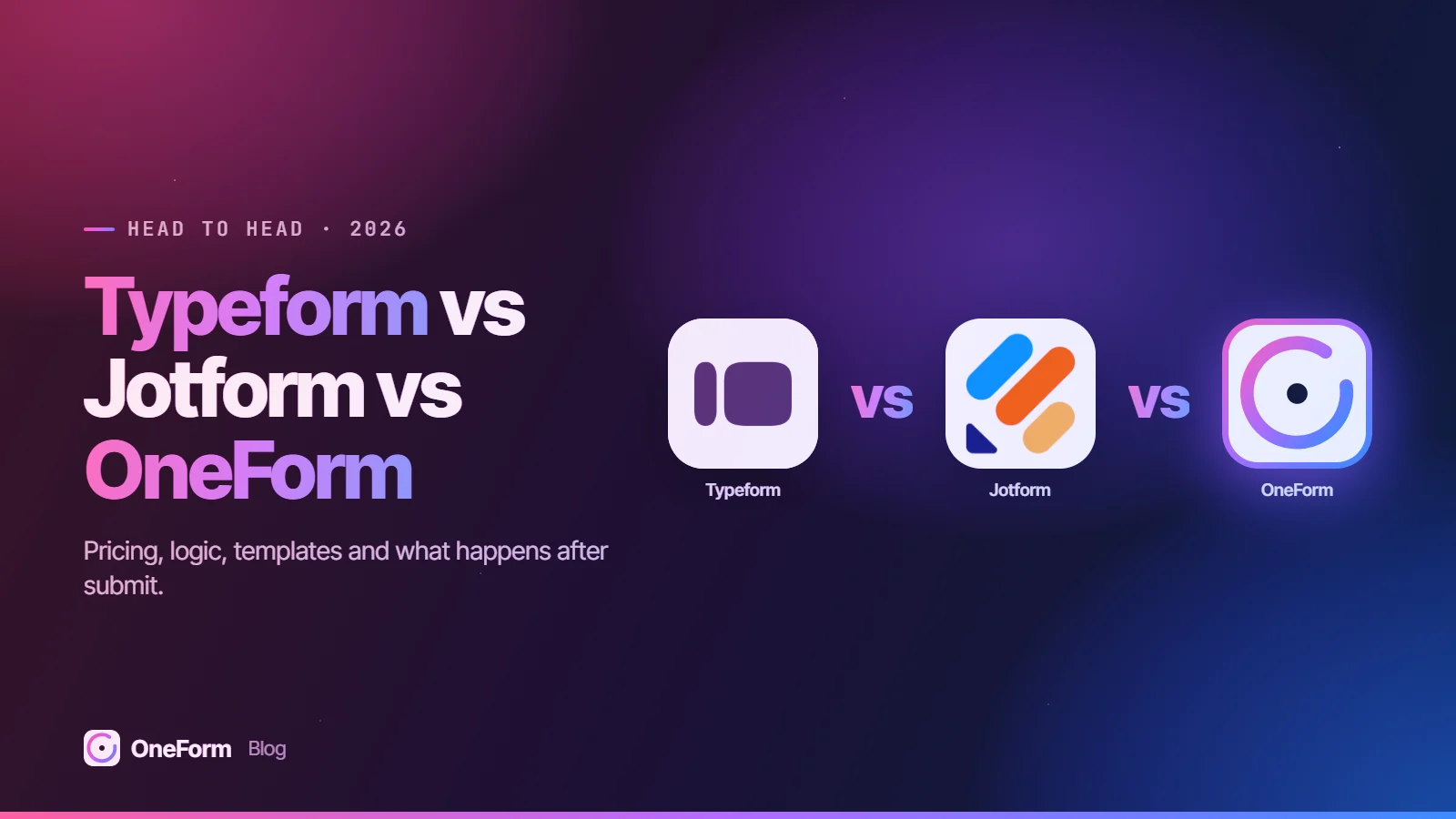 Typeform vs Jotform vs OneForm: logos of Typeform, Jotform, OneForm on the OneForm gradient