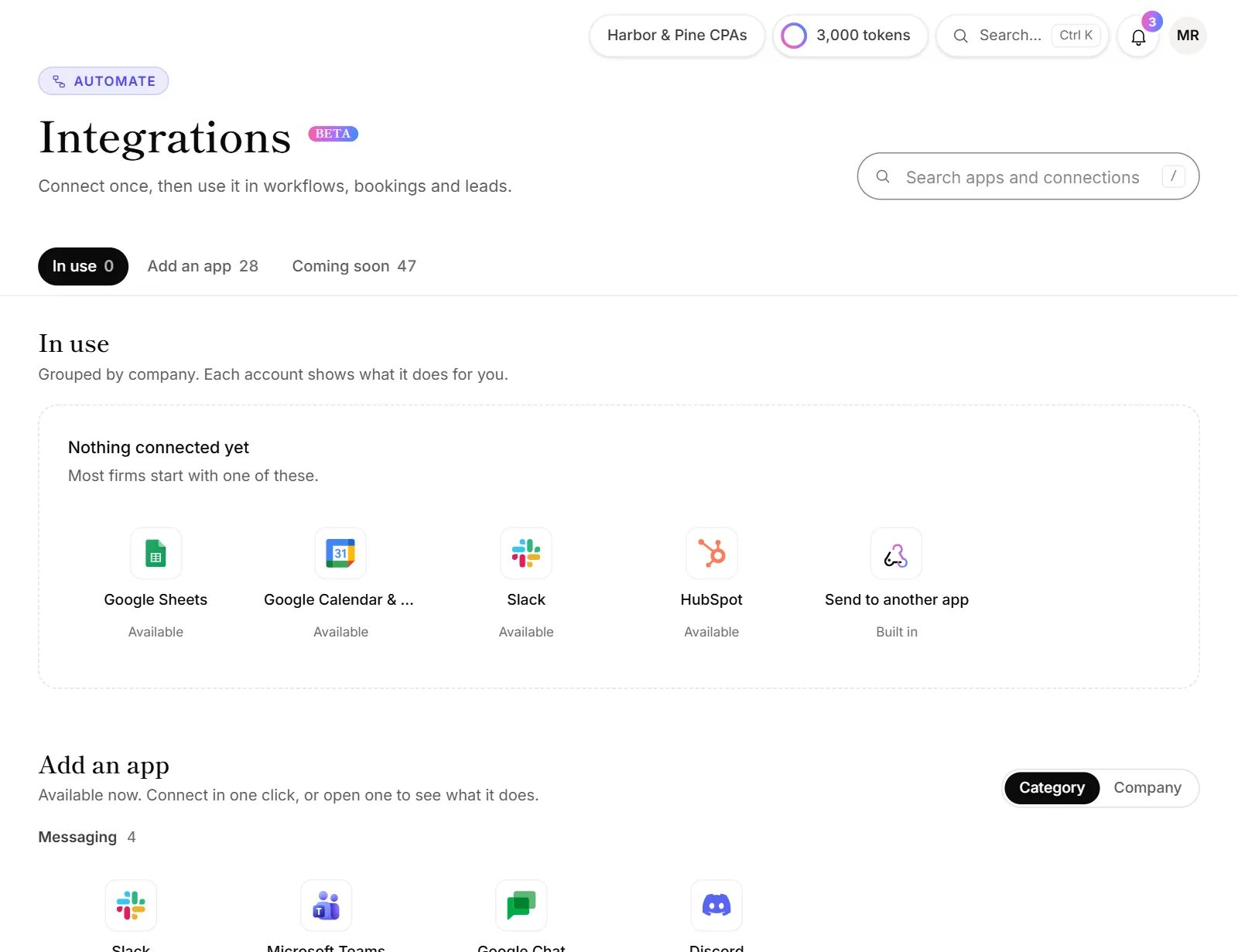 The Integrations page with apps grouped by category