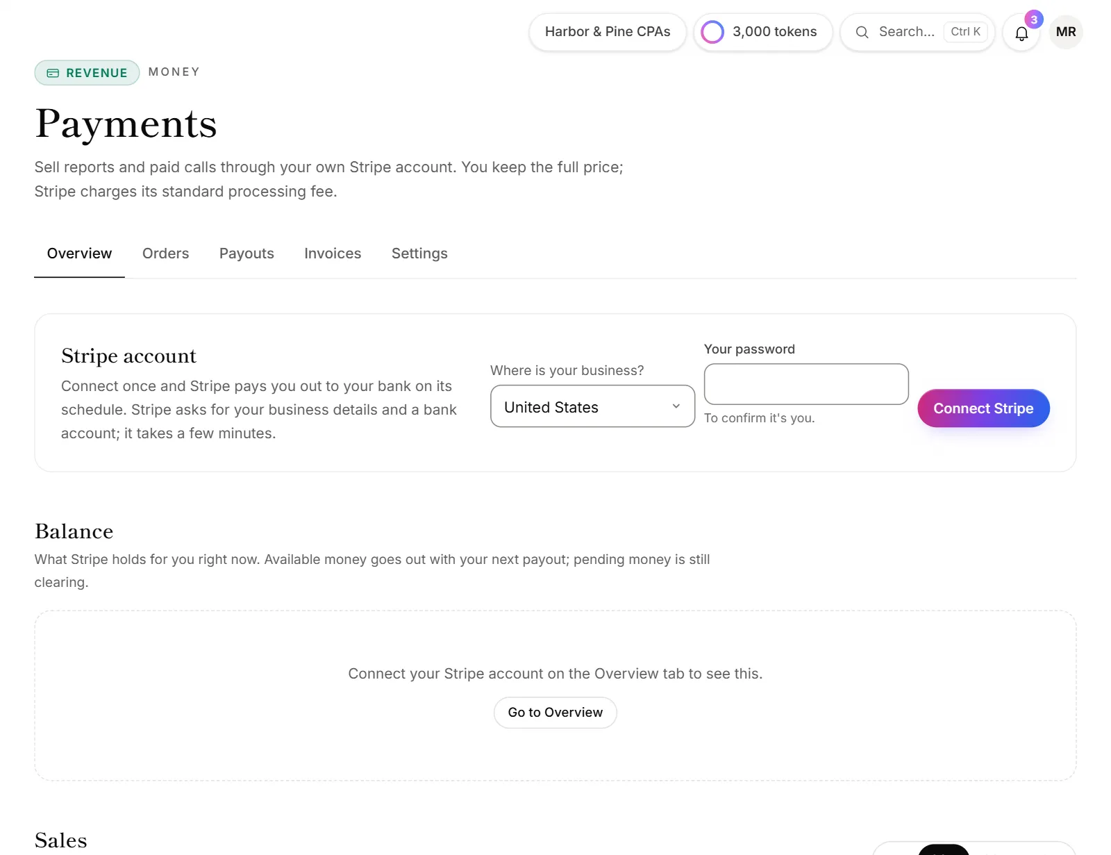 The Payments page with the Stripe account card at the top