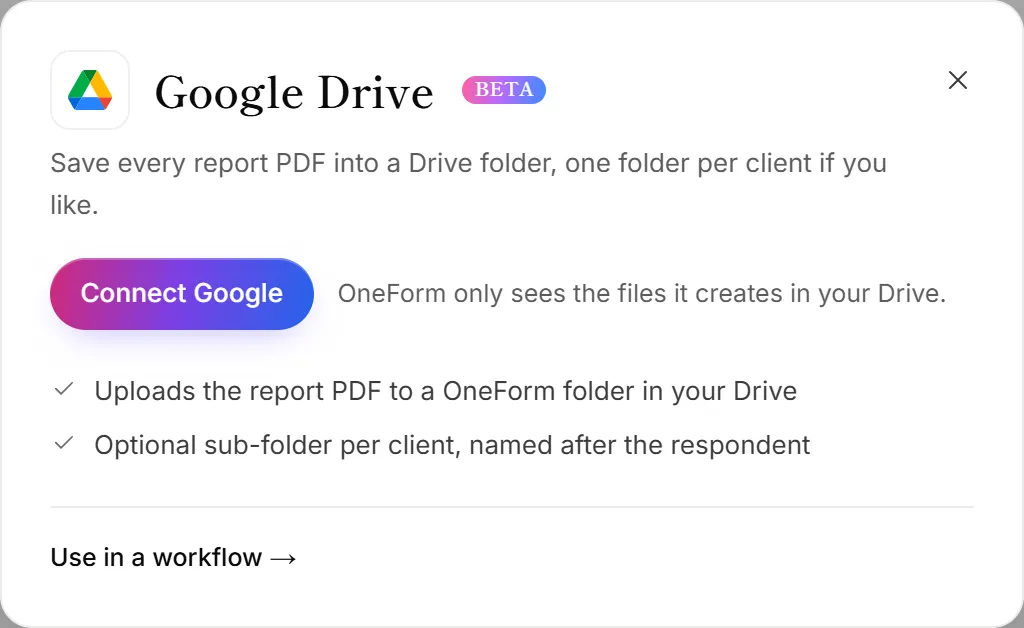 The Google Drive panel on the Integrations page