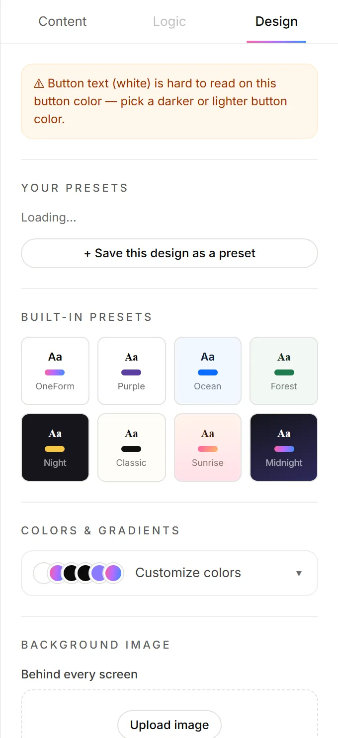 The Design tab with presets, colors, background image and font