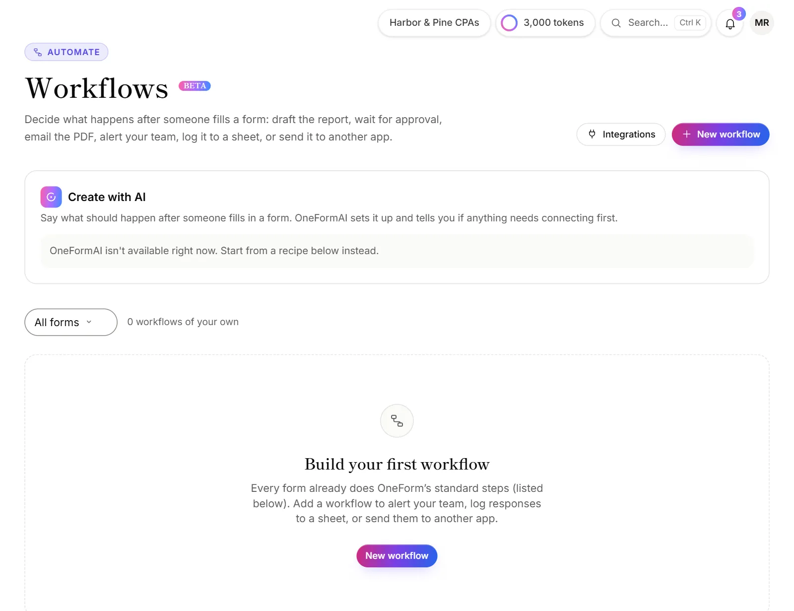 The Workflows page, with Create with AI at the top and each form's standard steps below