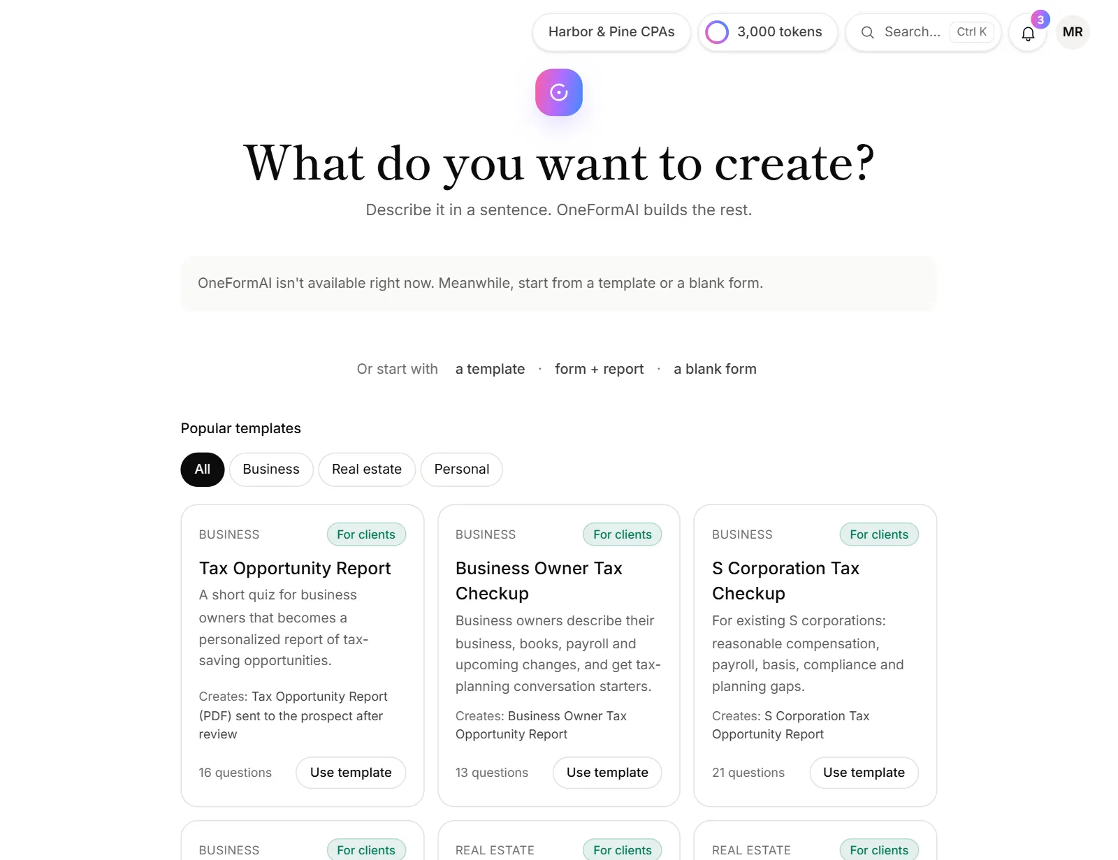 The Create page with the 