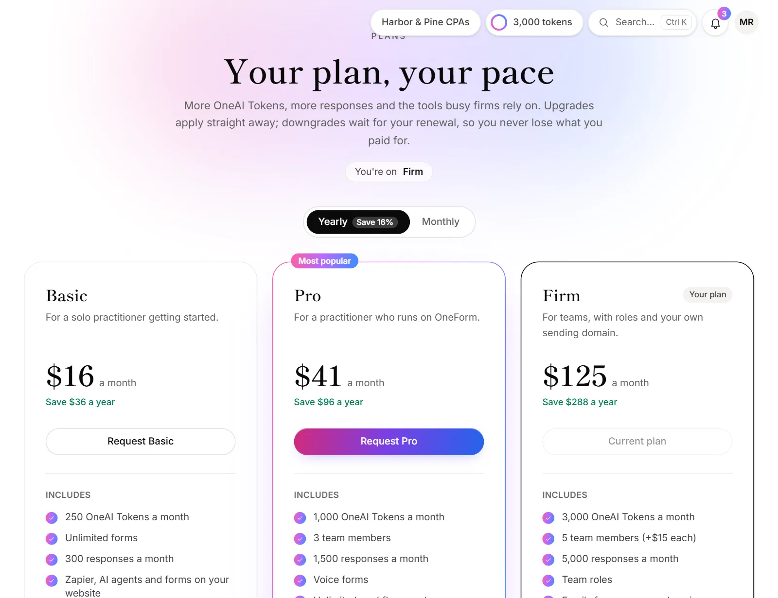 The Upgrade page, with the paid plans side by side and the free plan below them
