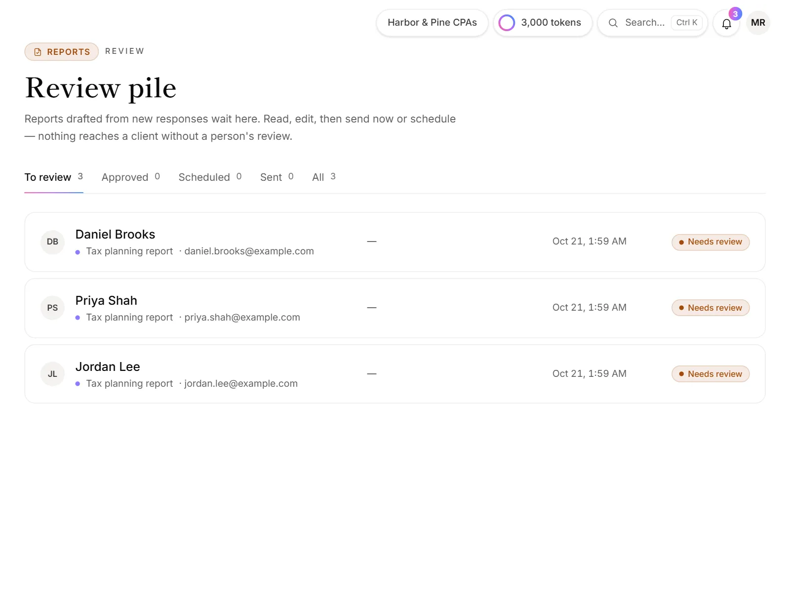 The Review page, with drafts waiting under To review