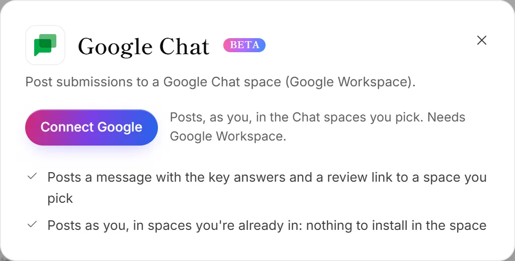 The Google Chat panel on the Integrations page