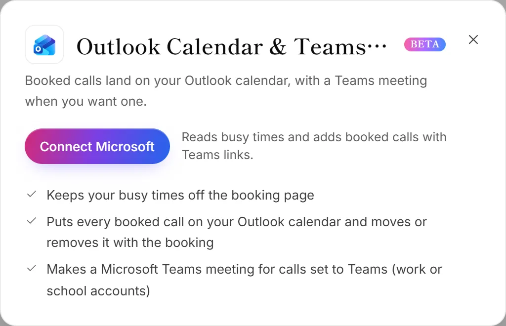 The Outlook Calendar and Teams meetings panel on the Integrations page
